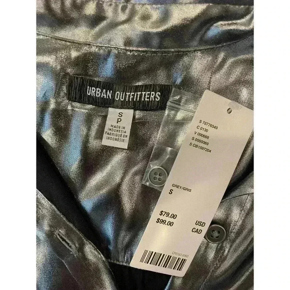 Urban Outfitters Metallic Silver Satin Shirt Mini Dress Button Down Midnight S - Picture 4 of 11